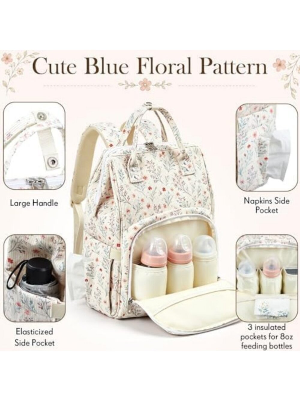 Stylish Floral Diaper Bag Backpack for Moms - Lightweight & Cute Design - Picture 3 of 6